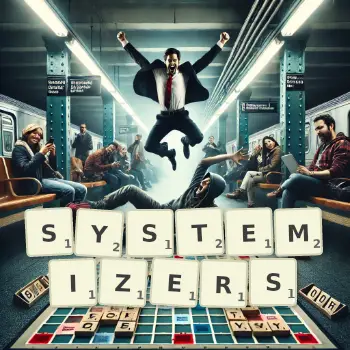 Creative illustration for a Scrabble game with the word SYSTEMIZERS spelled out in tiles on the board.