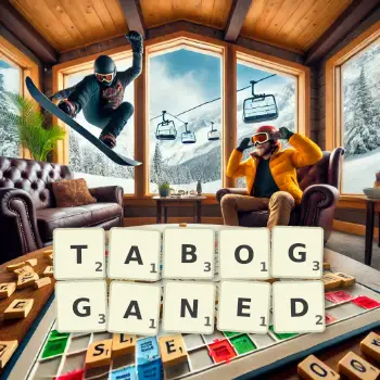 Creative illustration for a Scrabble game with the word TABOGGANED spelled out in tiles on the board.