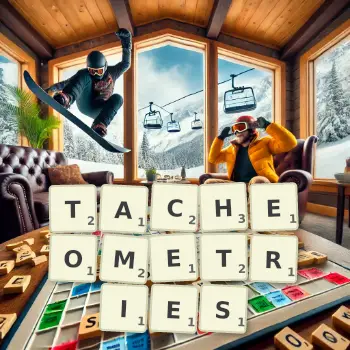 Creative illustration for a Scrabble game with the word TACHEOMETRIES spelled out in tiles on the board.