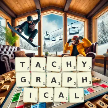 Creative illustration for a Scrabble game with the word TACHYGRAPHICAL spelled out in tiles on the board.