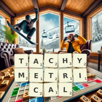 Creative illustration for a Scrabble game with the word TACHYMETRICAL spelled out in tiles on the board.