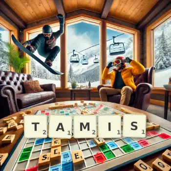 Creative illustration for a Scrabble game with the word TAMIS spelled out in tiles on the board.