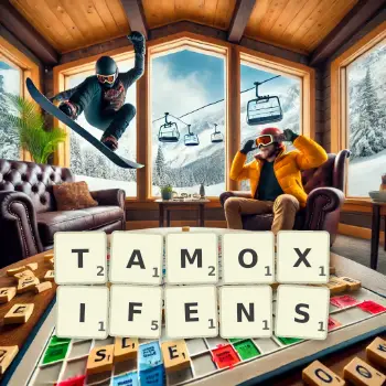 Creative illustration for a Scrabble game with the word TAMOXIFENS spelled out in tiles on the board.