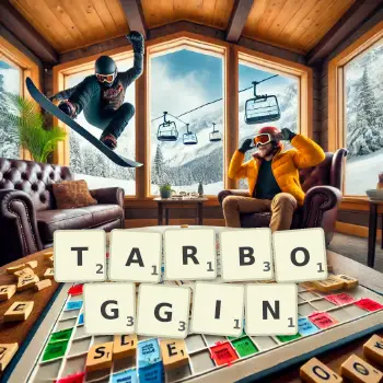 Creative illustration for a Scrabble game with the word TARBOGGIN spelled out in tiles on the board.
