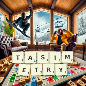 Creative illustration for a Scrabble game with the word TASIMETRY spelled out in tiles on the board.