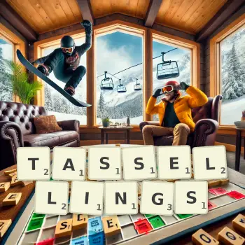 Creative illustration for a Scrabble game with the word TASSELLINGS spelled out in tiles on the board.
