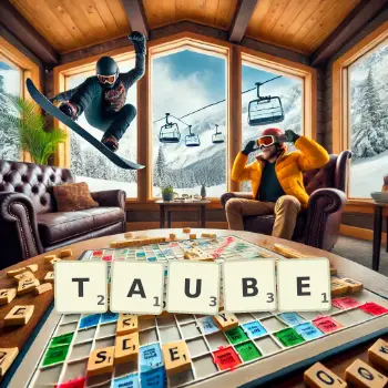 Creative illustration for a Scrabble game with the word TAUBE spelled out in tiles on the board.