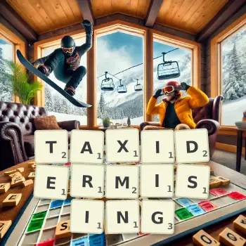 Creative illustration for a Scrabble game with the word TAXIDERMISING spelled out in tiles on the board.