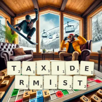 Creative illustration for a Scrabble game with the word TAXIDERMIST spelled out in tiles on the board.