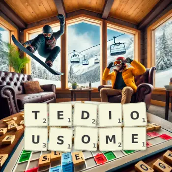 Creative illustration for a Scrabble game with the word TEDIOUSOME spelled out in tiles on the board.
