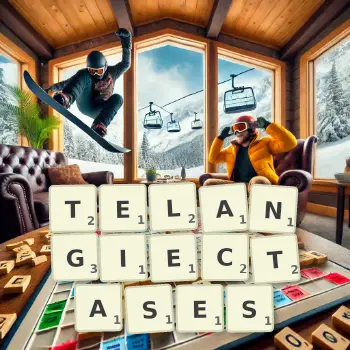 Creative illustration for a Scrabble game with the word TELANGIECTASES spelled out in tiles on the board.