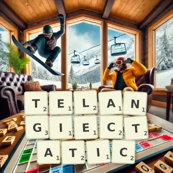 Creative illustration for a Scrabble game with the word TELANGIECTATIC spelled out in tiles on the board.