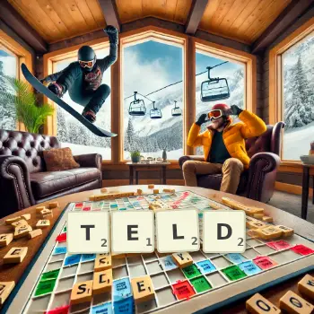 Creative illustration for a Scrabble game with the word TELD spelled out in tiles on the board.