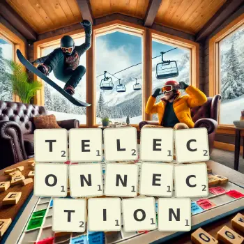 Creative illustration for a Scrabble game with the word TELECONNECTION spelled out in tiles on the board.