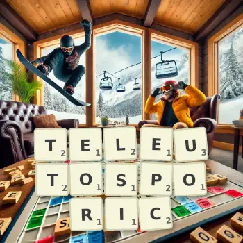 Creative illustration for a Scrabble game with the word TELEUTOSPORIC spelled out in tiles on the board.