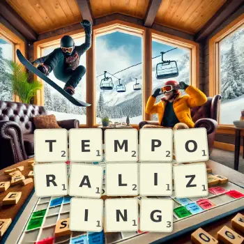 Creative illustration for a Scrabble game with the word TEMPORALIZING spelled out in tiles on the board.