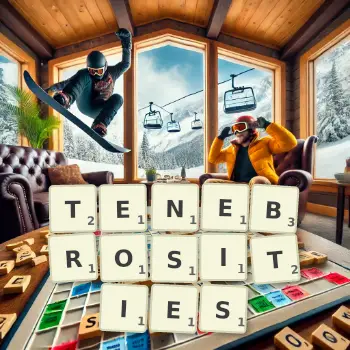 Creative illustration for a Scrabble game with the word TENEBROSITIES spelled out in tiles on the board.