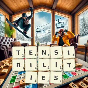 Creative illustration for a Scrabble game with the word TENSIBILITIES spelled out in tiles on the board.