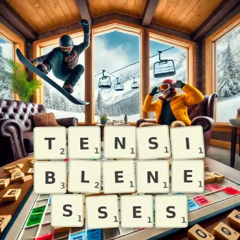 Creative illustration for a Scrabble game with the word TENSIBLENESSES spelled out in tiles on the board.