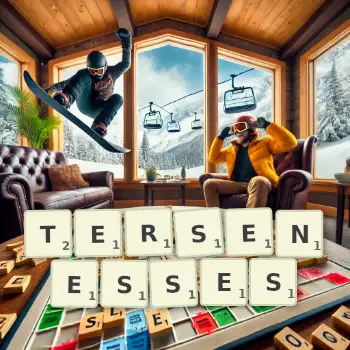Creative illustration for a Scrabble game with the word TERSENESSES spelled out in tiles on the board.