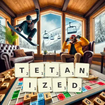 Creative illustration for a Scrabble game with the word TETANIZED spelled out in tiles on the board.