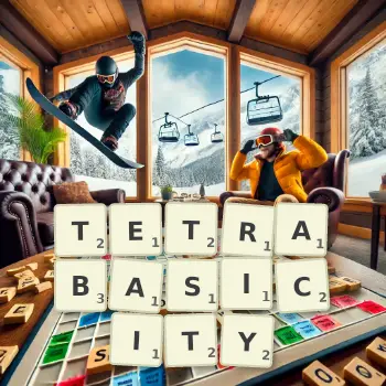 Creative illustration for a Scrabble game with the word TETRABASICITY spelled out in tiles on the board.