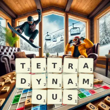 Creative illustration for a Scrabble game with the word TETRADYNAMOUS spelled out in tiles on the board.