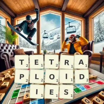 Creative illustration for a Scrabble game with the word TETRAPLOIDIES spelled out in tiles on the board.