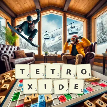 Creative illustration for a Scrabble game with the word TETROXIDE spelled out in tiles on the board.