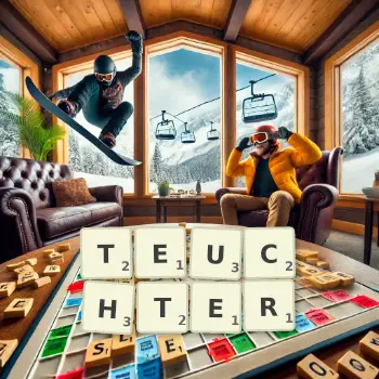 Creative illustration for a Scrabble game with the word TEUCHTER spelled out in tiles on the board.
