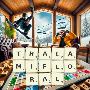 Creative illustration for a Scrabble game with the word THALAMIFLORAL spelled out in tiles on the board.