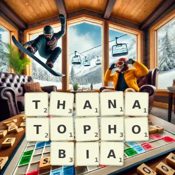 Creative illustration for a Scrabble game with the word THANATOPHOBIA spelled out in tiles on the board.