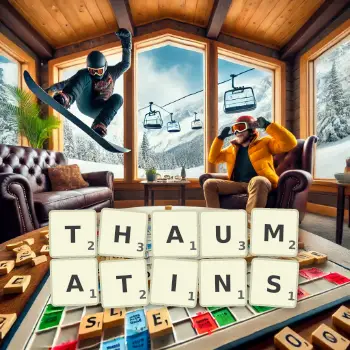 Creative illustration for a Scrabble game with the word THAUMATINS spelled out in tiles on the board.