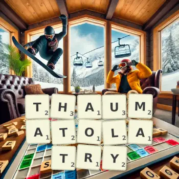Creative illustration for a Scrabble game with the word THAUMATOLATRY spelled out in tiles on the board.