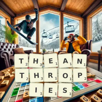 Creative illustration for a Scrabble game with the word THEANTHROPIES spelled out in tiles on the board.