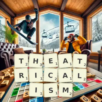 Creative illustration for a Scrabble game with the word THEATRICALISM spelled out in tiles on the board.