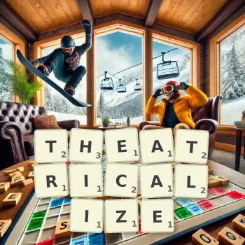 Creative illustration for a Scrabble game with the word THEATRICALIZE spelled out in tiles on the board.