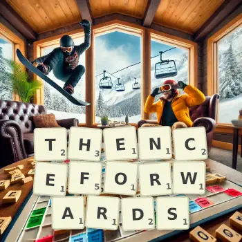 Creative illustration for a Scrabble game with the word THENCEFORWARDS spelled out in tiles on the board.