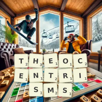 Creative illustration for a Scrabble game with the word THEOCENTRISMS spelled out in tiles on the board.