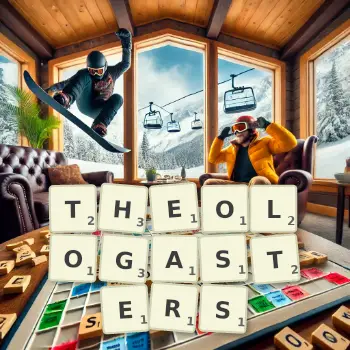 Creative illustration for a Scrabble game with the word THEOLOGASTERS spelled out in tiles on the board.