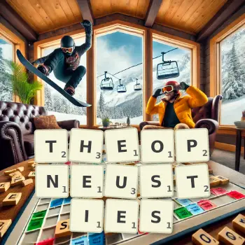 Creative illustration for a Scrabble game with the word THEOPNEUSTIES spelled out in tiles on the board.