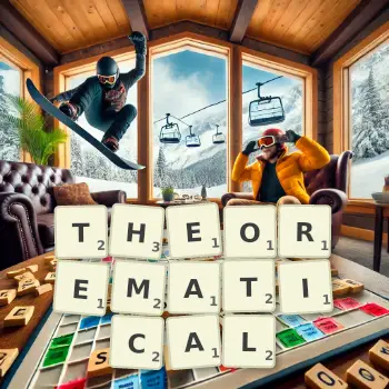 Creative illustration for a Scrabble game with the word THEOREMATICAL spelled out in tiles on the board.