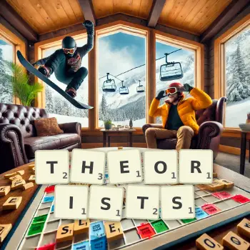 Creative illustration for a Scrabble game with the word THEORISTS spelled out in tiles on the board.