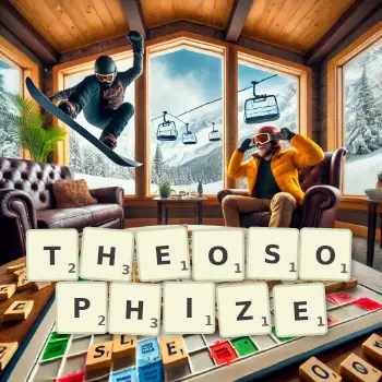 Creative illustration for a Scrabble game with the word THEOSOPHIZE spelled out in tiles on the board.
