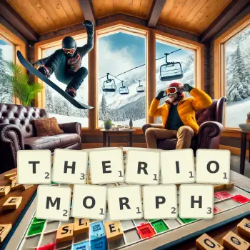 Creative illustration for a Scrabble game with the word THERIOMORPH spelled out in tiles on the board.