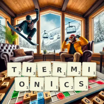 Creative illustration for a Scrabble game with the word THERMIONICS spelled out in tiles on the board.