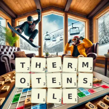 Creative illustration for a Scrabble game with the word THERMOTENSILE spelled out in tiles on the board.
