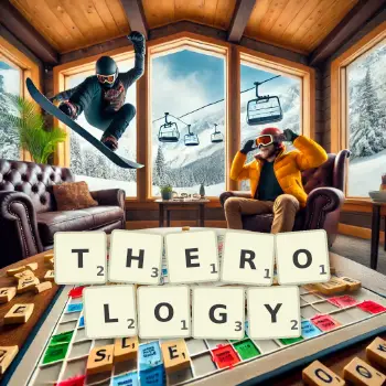 Creative illustration for a Scrabble game with the word THEROLOGY spelled out in tiles on the board.