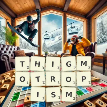 Creative illustration for a Scrabble game with the word THIGMOTROPISM spelled out in tiles on the board.