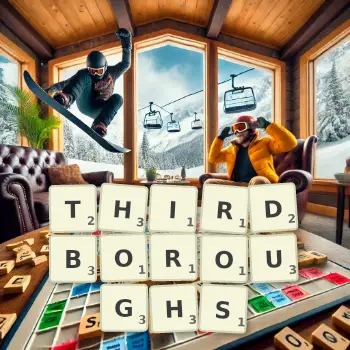 Creative illustration for a Scrabble game with the word THIRDBOROUGHS spelled out in tiles on the board.